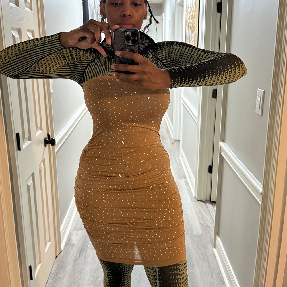Strapless Ruched Rhinestone Bodycon Dress in Camel - Picture 2 of 3